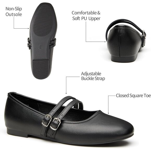 Trary Women Black Polyurethane (PU) Square Toe Slip On Buckle Strap Ballet Flats - Picture 4 of 6